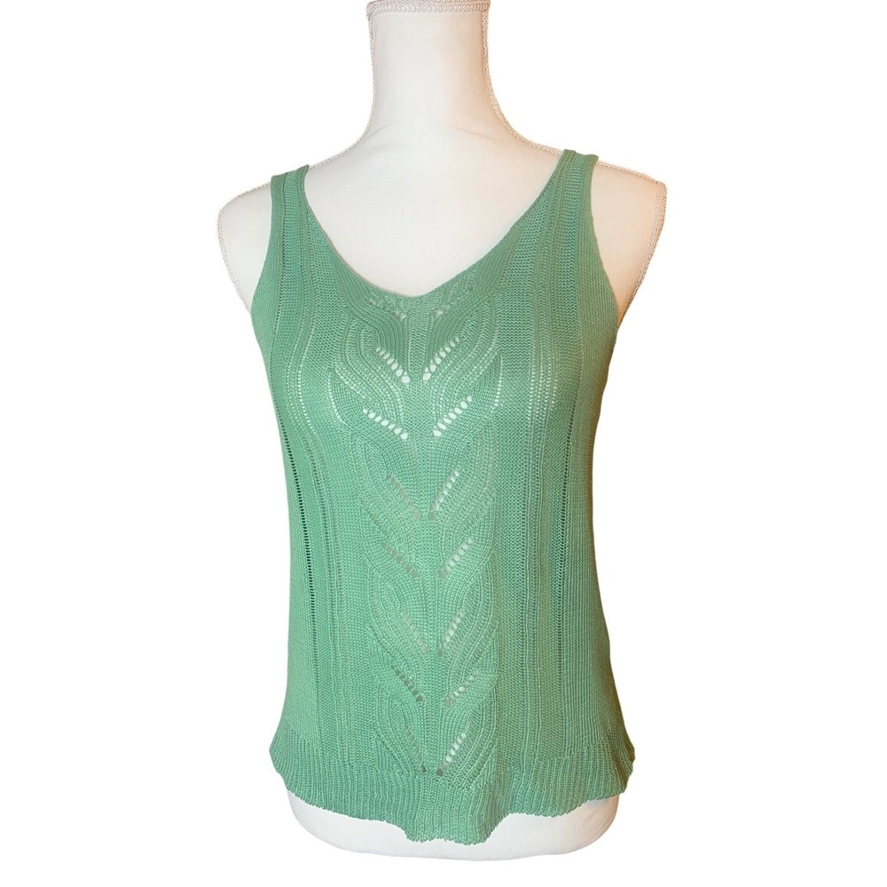 Cottage Fairy Mint Green Pointelle Knit Tank Top V-Neck Leaf Pattern Preloved S.